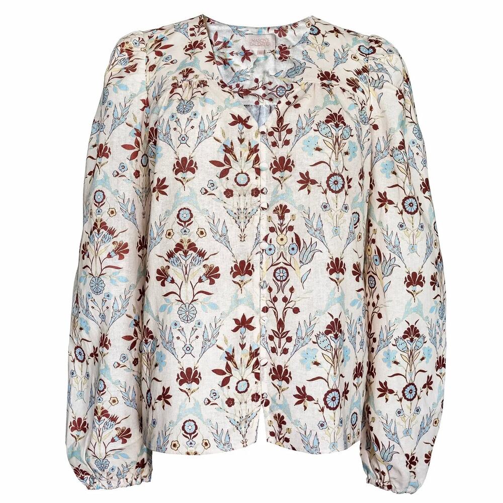 Mason’s Daughter V-Neck Mignonette Floral Blouse Linen Cotton Maroon / Blue